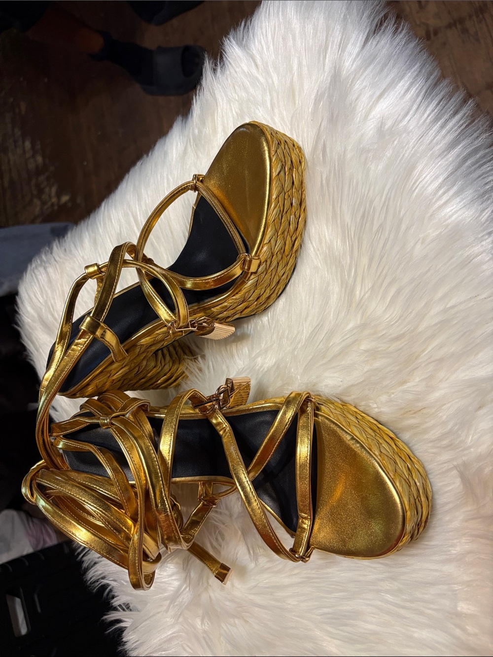 Metallic Gold Strappy Platform Wedge Sandals for Women